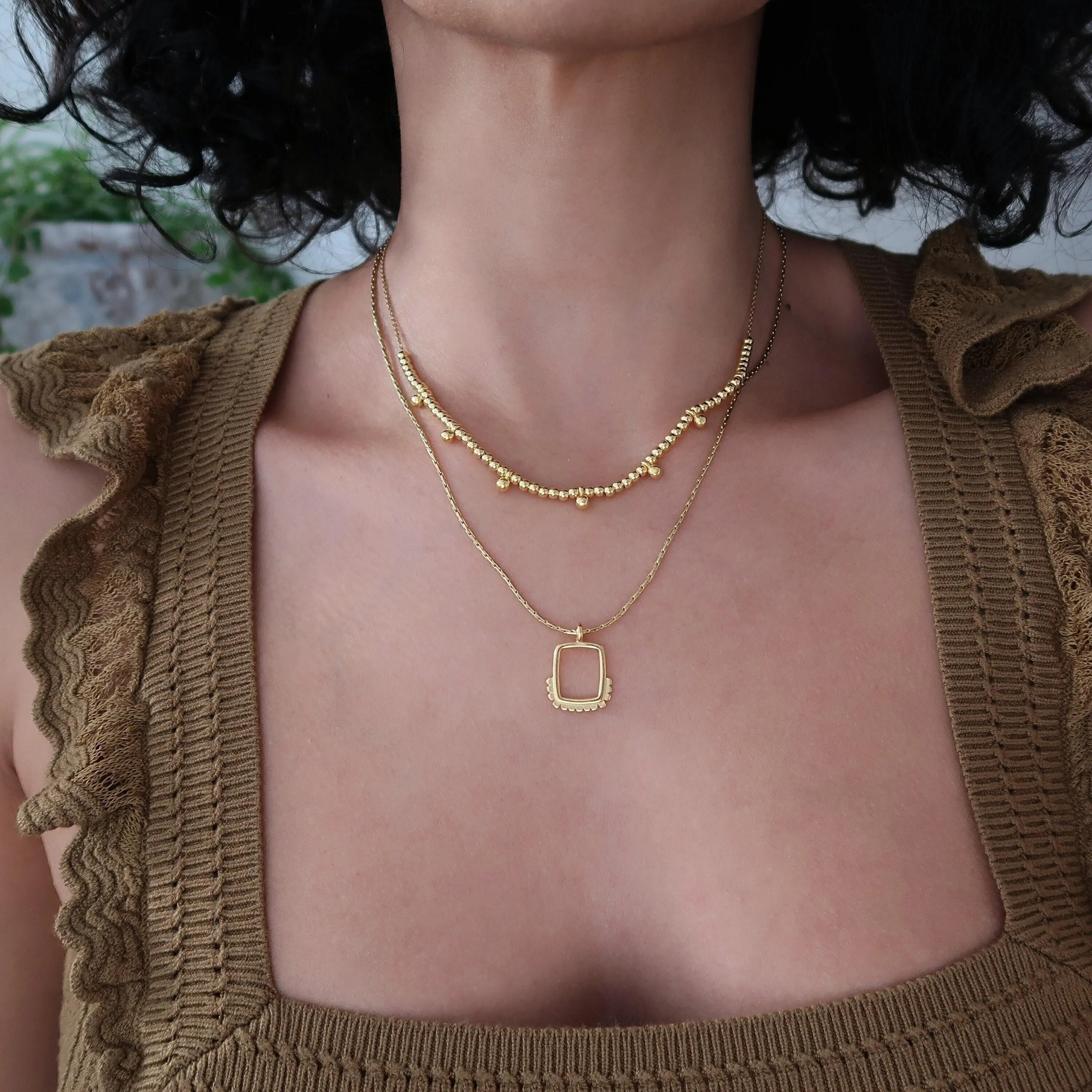 Set of 2 Gold Geometric Necklaces with Square Pendants