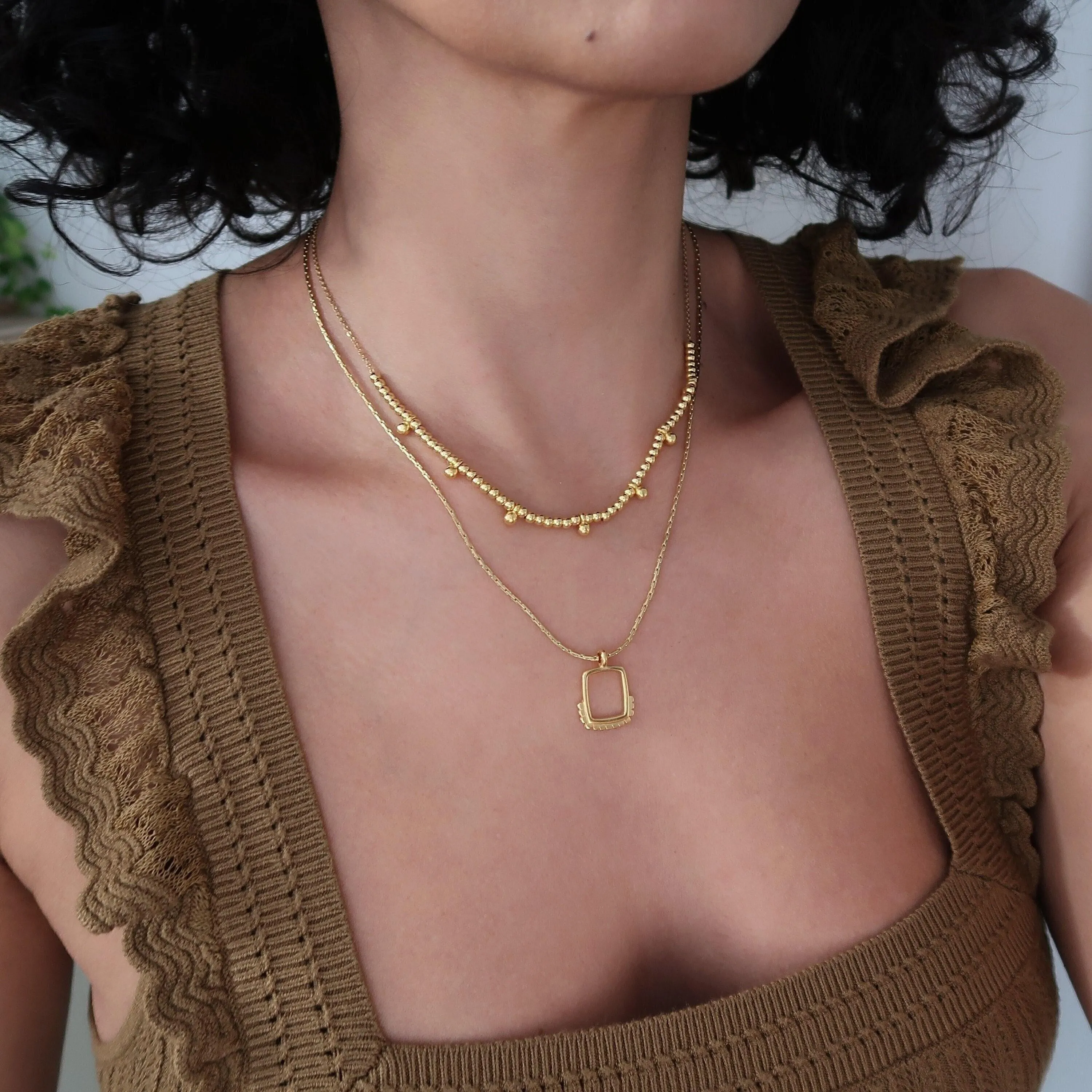 Set of 2 Gold Geometric Necklaces with Square Pendants