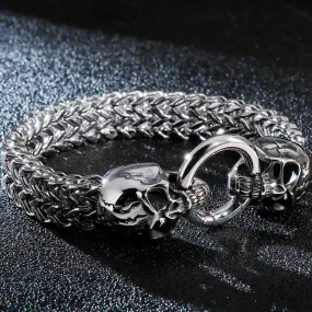 Silver Colored Woven Double Skull Bracelet