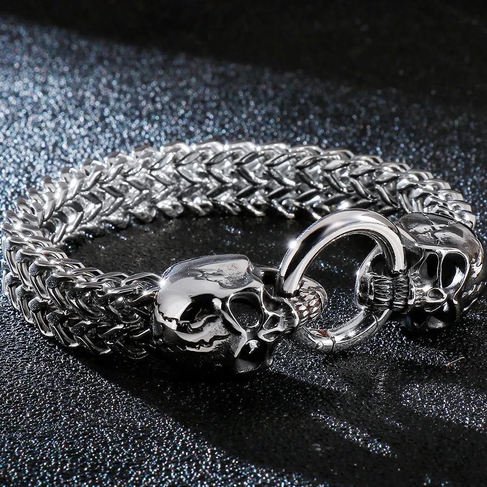 Silver Colored Woven Double Skull Bracelet