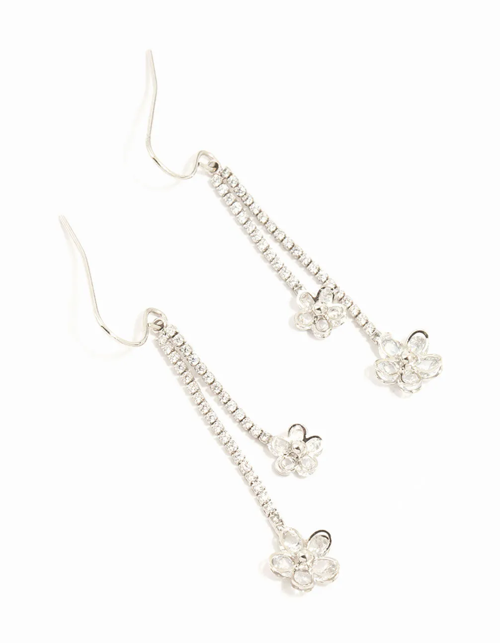 Silver Cubic Zirconia Flower Hook Drop Earrings