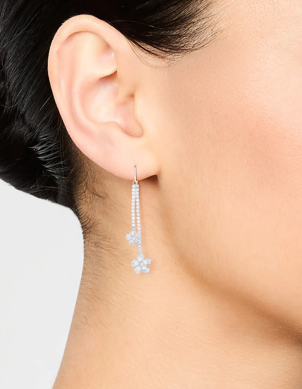 Silver Cubic Zirconia Flower Hook Drop Earrings