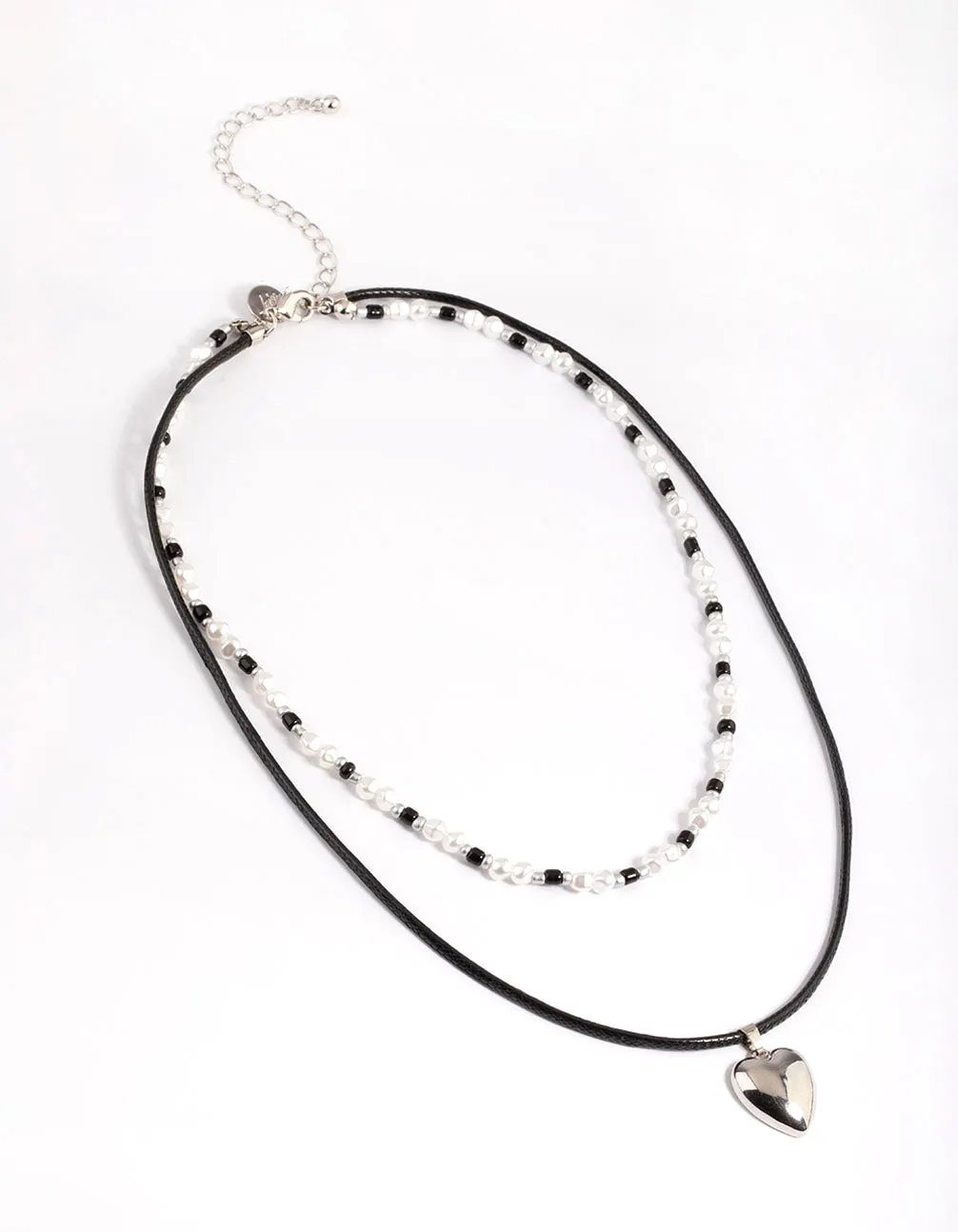 Silver Mixed Bead Heart Pendant Necklace