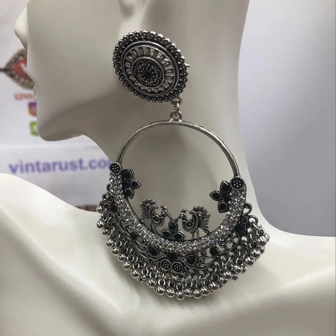 Silver Oxidized Long Dangling Hoops With Bells Earring