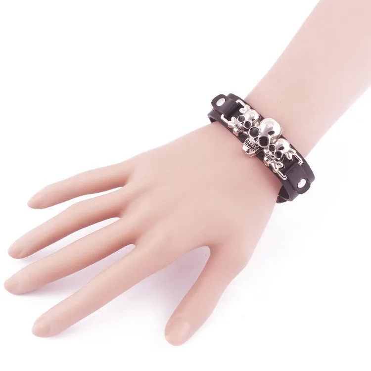 Stainless Steel Rivet Punk Leather Bracelet Women & Men Summer Style Fashion Hip Hop Accessories 3 Skull Rivet Pu Bracelets