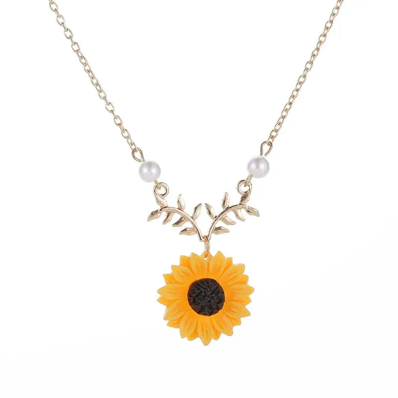 Sunflower Daily Imitation Pearl Jewelry Sweater Daisy Flower Leaf Necklake