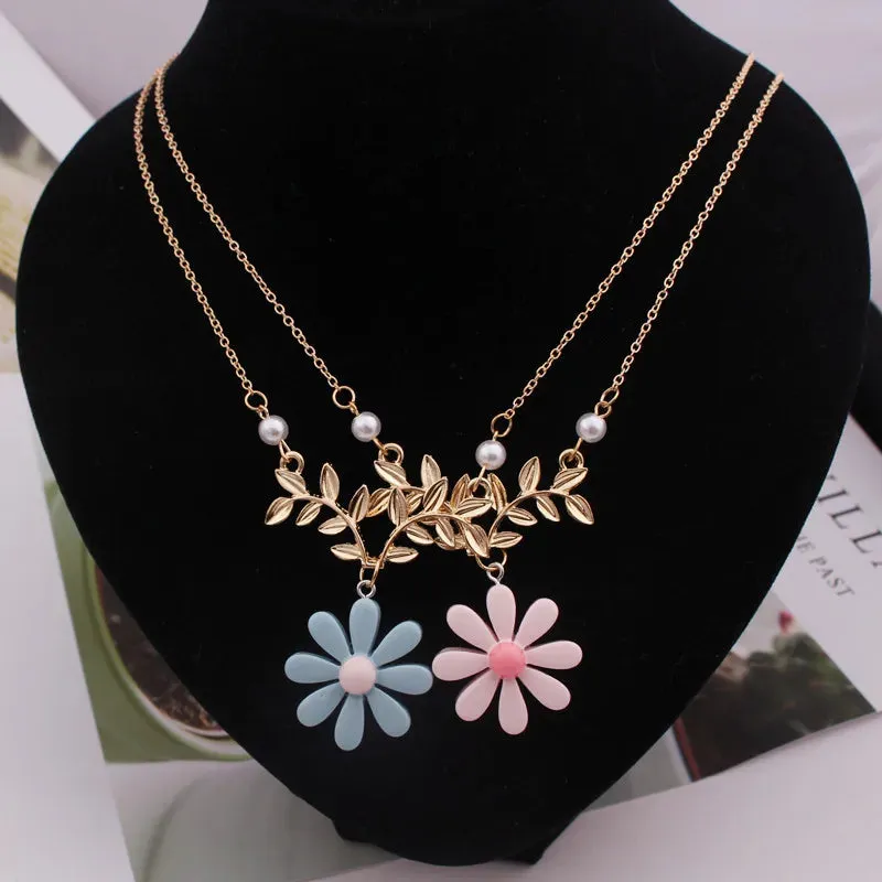 Sunflower Daily Imitation Pearl Jewelry Sweater Daisy Flower Leaf Necklake