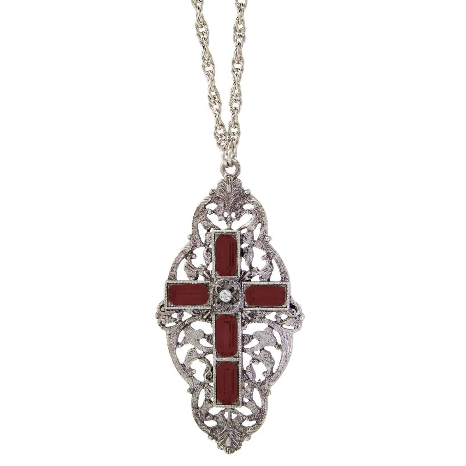 Symbols Of Faith Pewter Stone Cross Pendant Necklace 28"