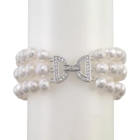 Three-strand pearl and crystal bracelet