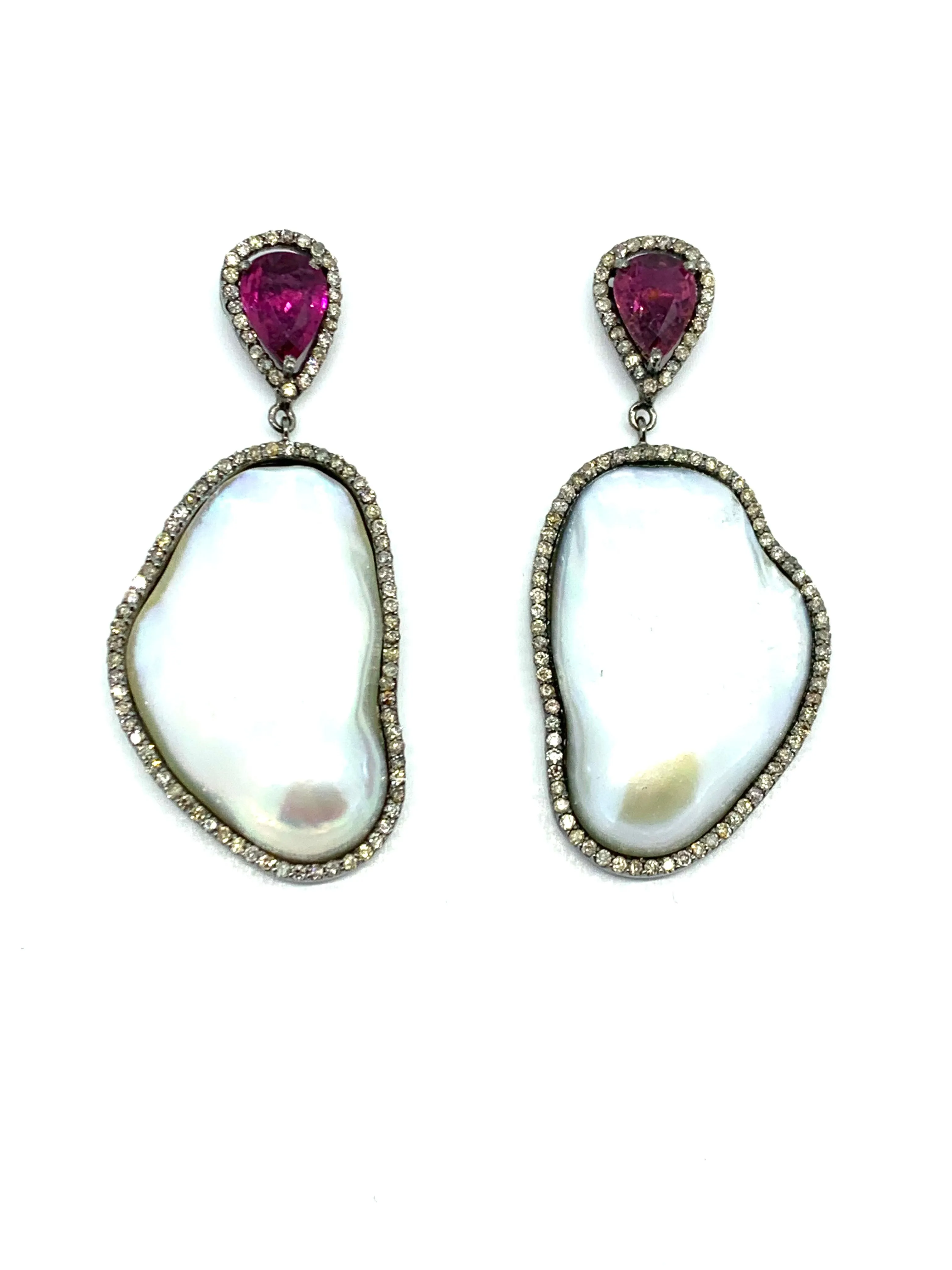 Tourmaline Baroque Pearl and Diamond Earrings