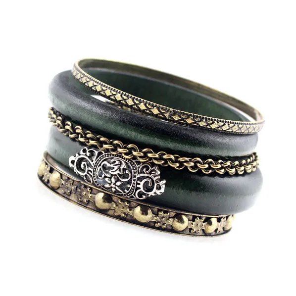 Tribal Wood and Metal Bangle Bracelet Set Dark Green