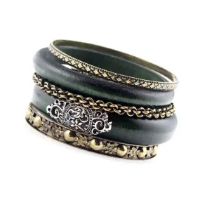 Tribal Wood and Metal Bangle Bracelet Set Dark Green