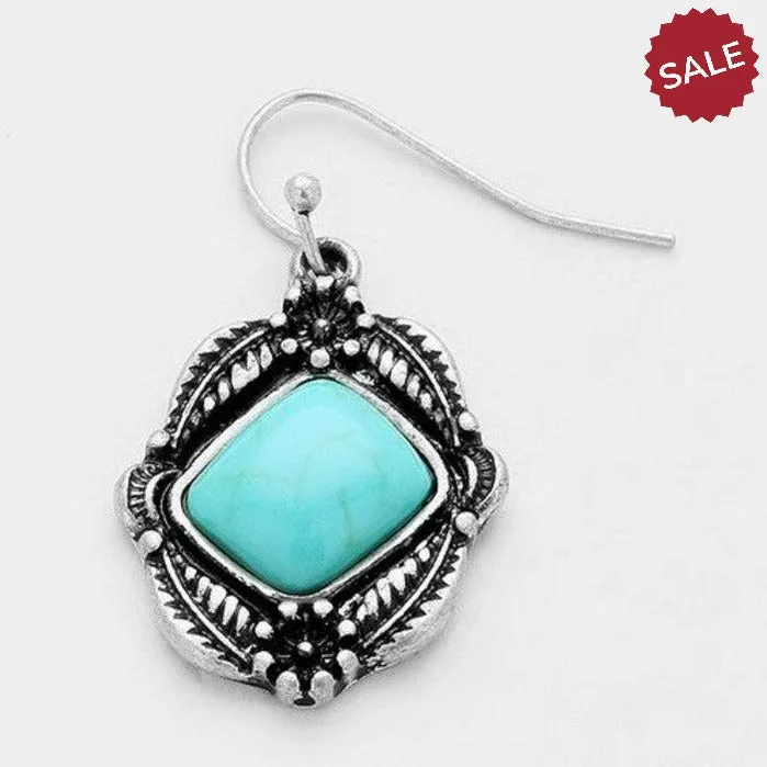 Turquoise (Faux) Bead Small Antique Silver Pierced Earrings