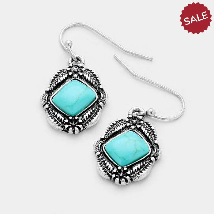 Turquoise (Faux) Bead Small Antique Silver Pierced Earrings