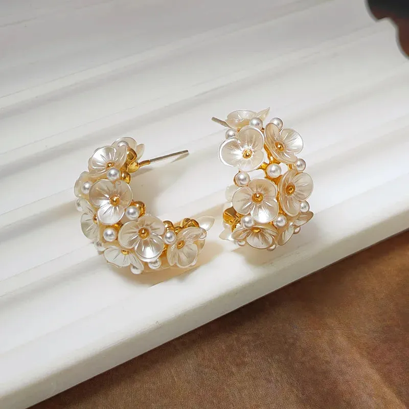 VAIGE Elegant White Floral Hoop Earrings