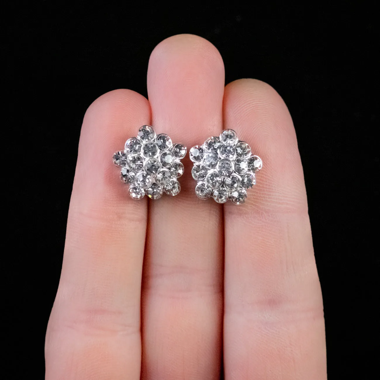 Victorian Style Cubic Zirconia Cluster Stud Earrings Silver Plate