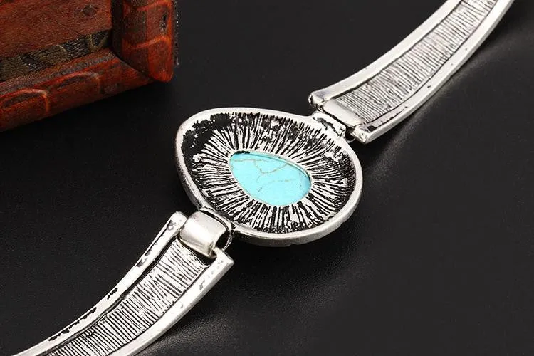 Vintage Carved Boho Statement Bracelet Genuine Heart Turquoise Chain Charm Wristband Bracelets pulsera brazalete Accessory