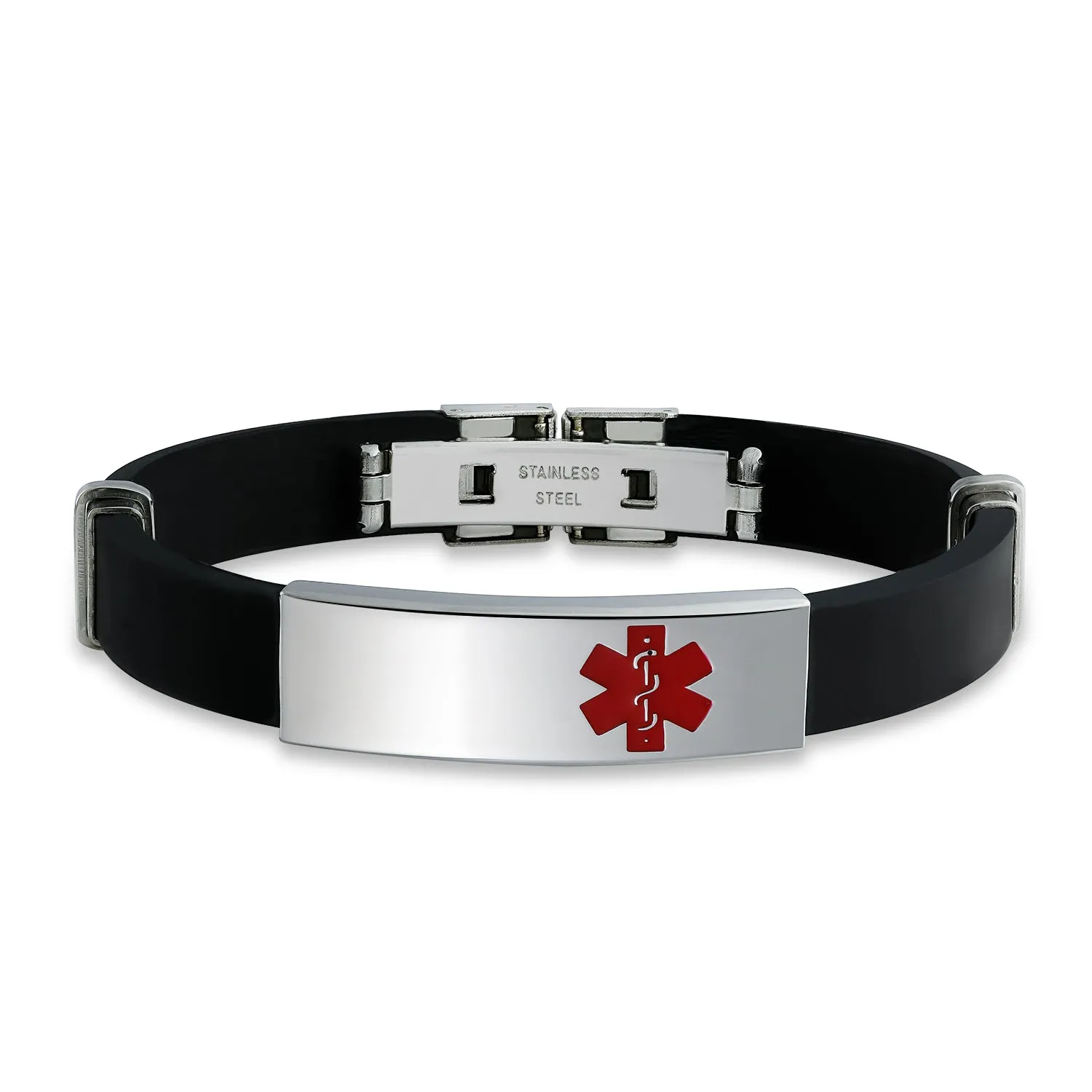 Waterproof Black Silicone Medical ID Bracelet for Men - Trim-to-Fit Steel 8.5"