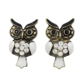 White Enamel Antique Owl Pierced Earring - REE401