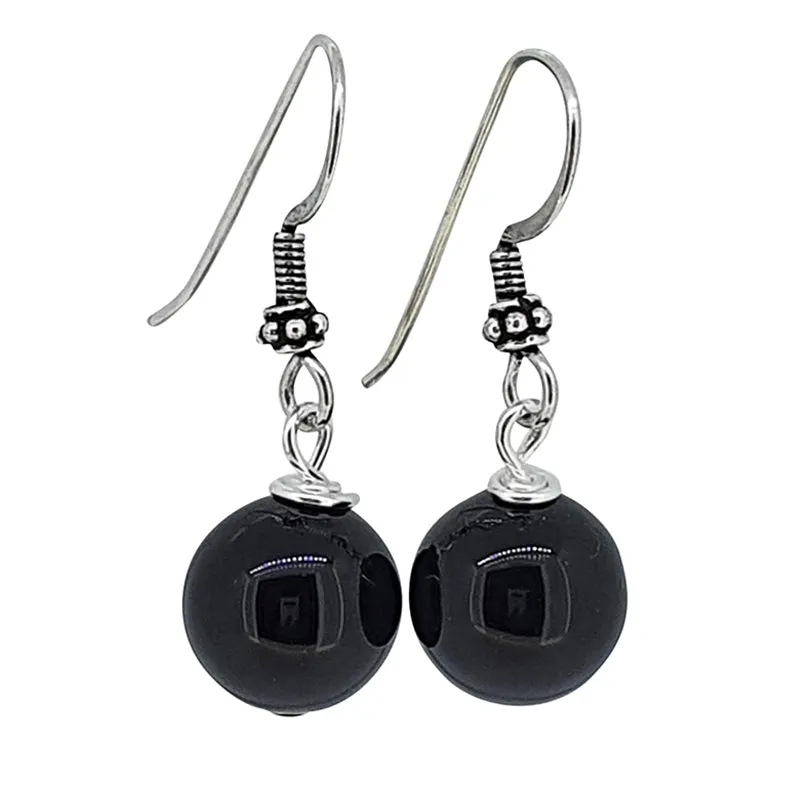 Womens 12mm Black Agate Gemstone Dangle Drop Earrings 925 Silver