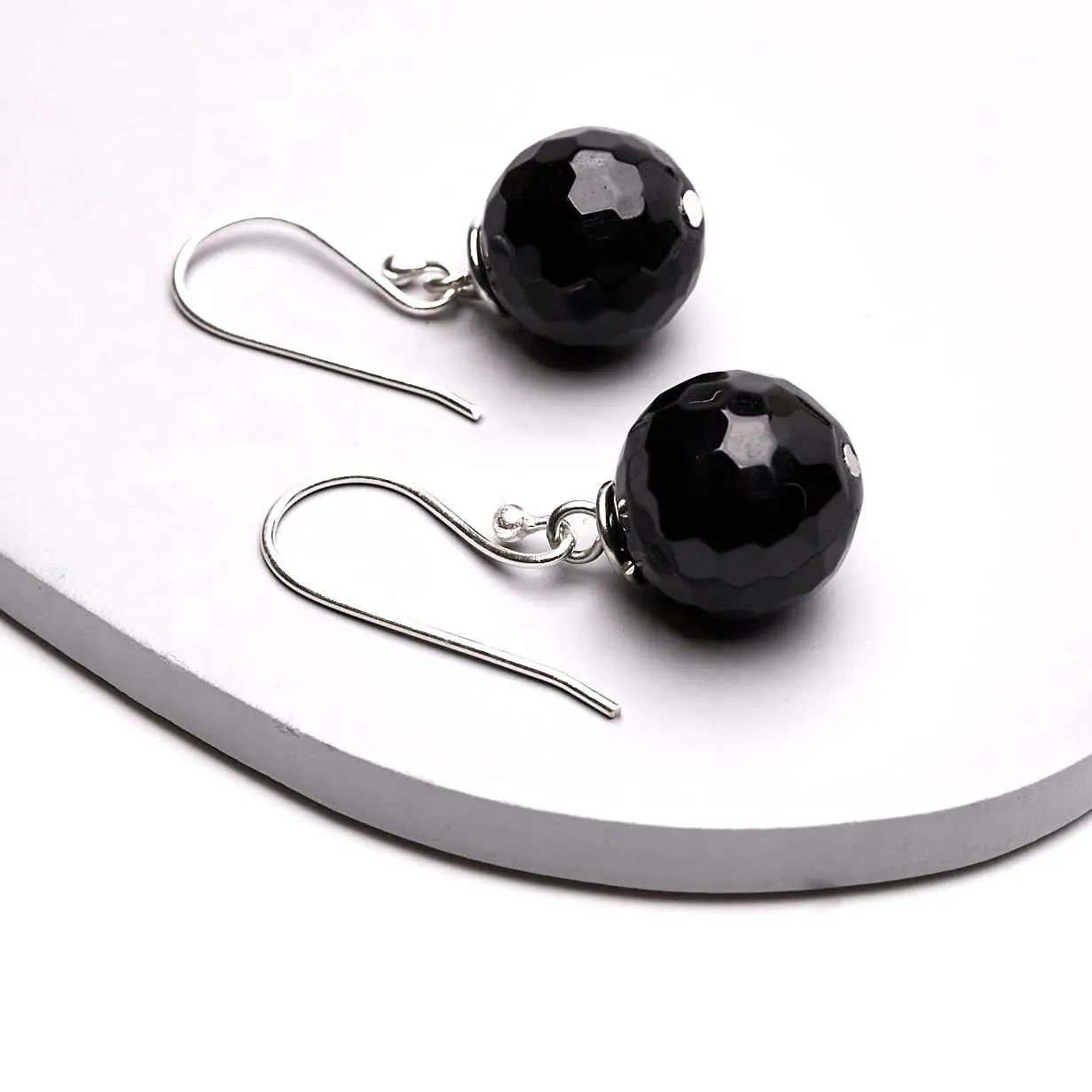 Women's Handmade Natural Black Agate Dangle Drop Earrings | 925 Sterling silver gemstone ball earrings for women and girls