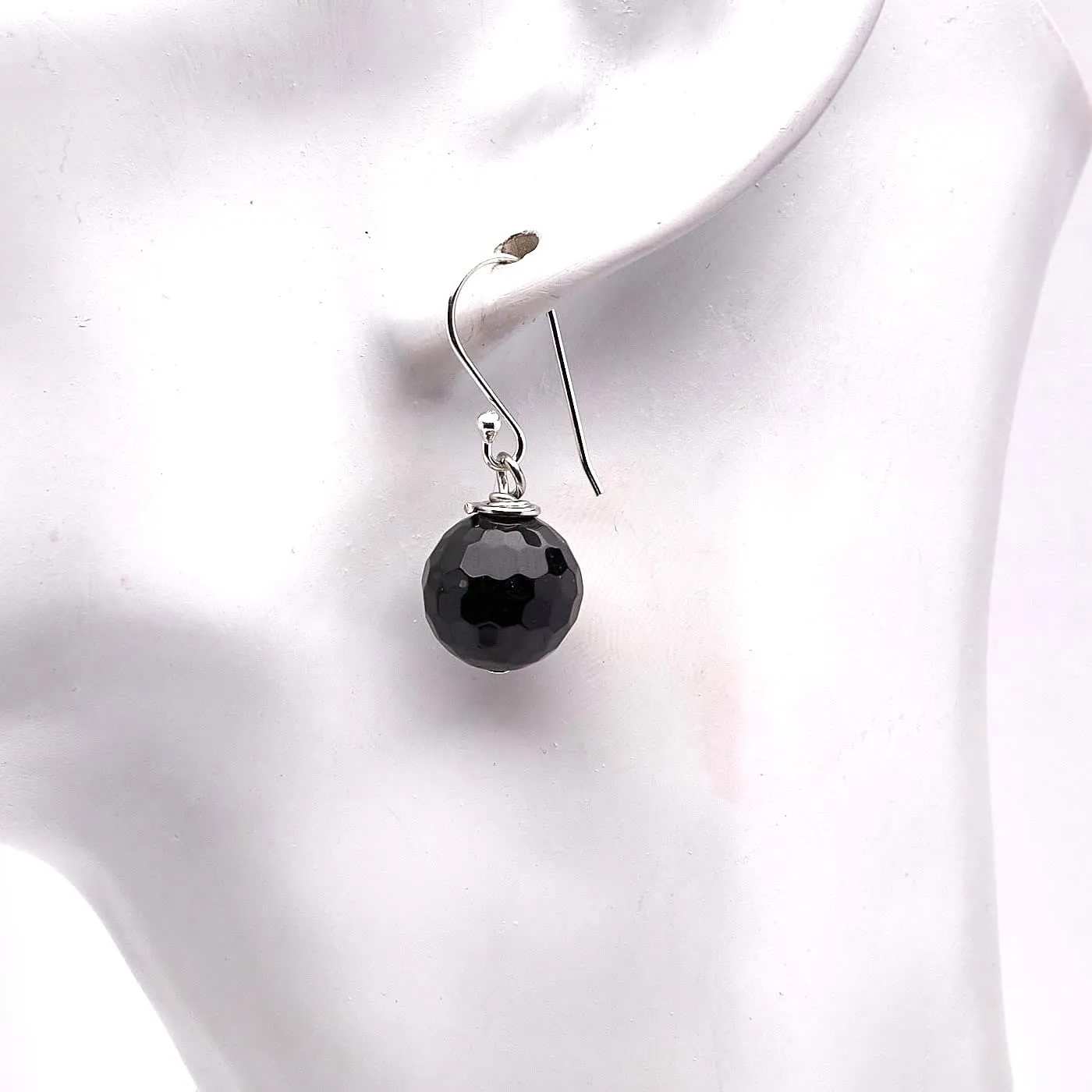 Women's Handmade Natural Black Agate Dangle Drop Earrings | 925 Sterling silver gemstone ball earrings for women and girls