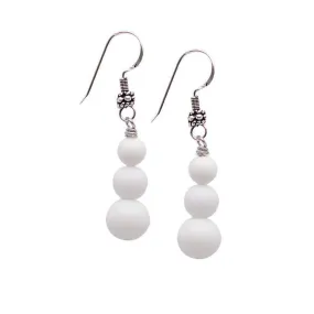 Women's Natural Gemstone Triple Bead and Sterling Silver Dangle Drop Earrings Handmade White Shell