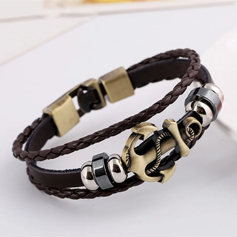 Wristband Charm Jewelry Multilayer Leather Bracelets & Bangles for Men and Women Anchor Bracelet Accessories