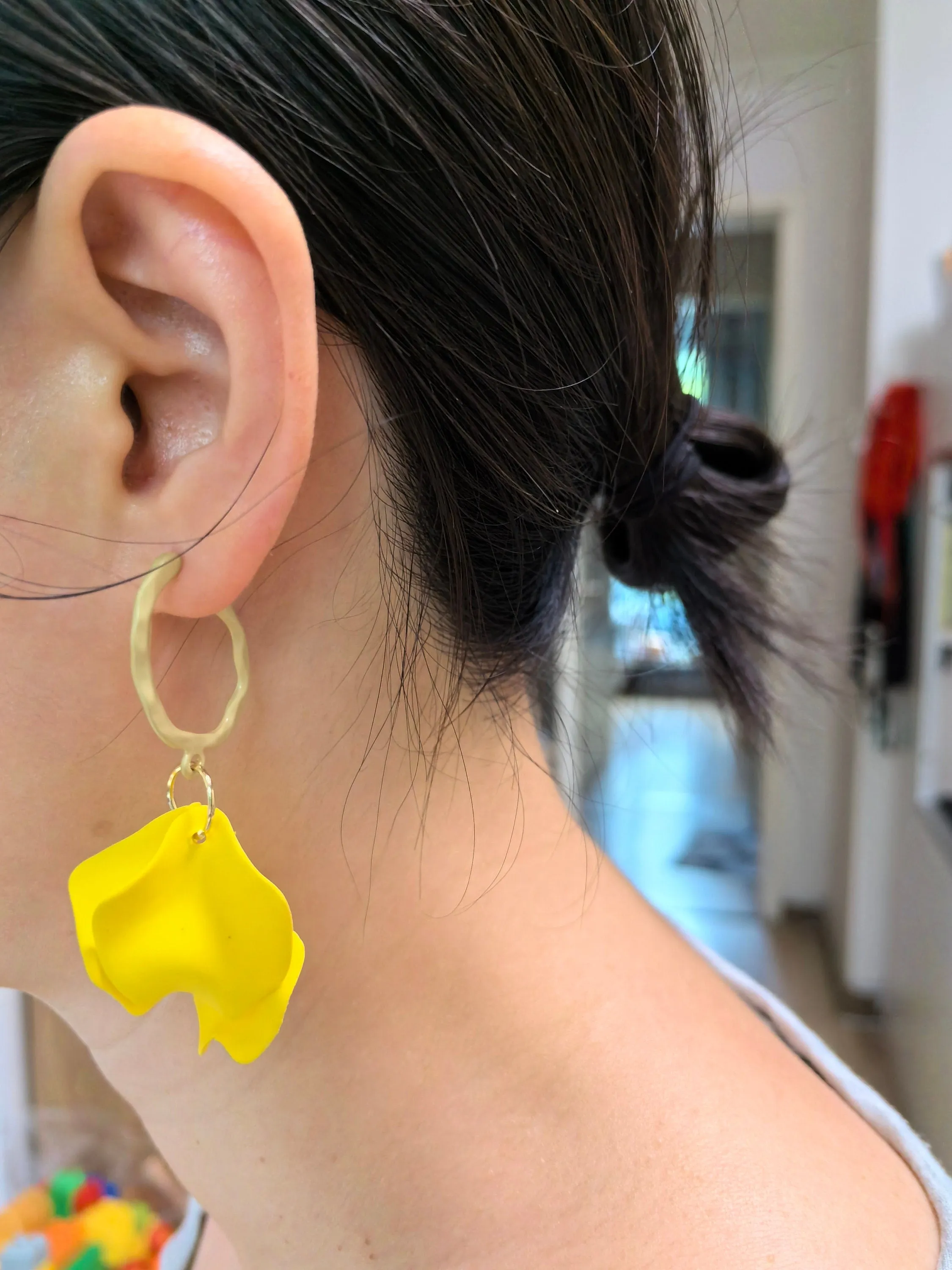 Yellow Floral Petal Huggie Hoop Drop Statement Earrings