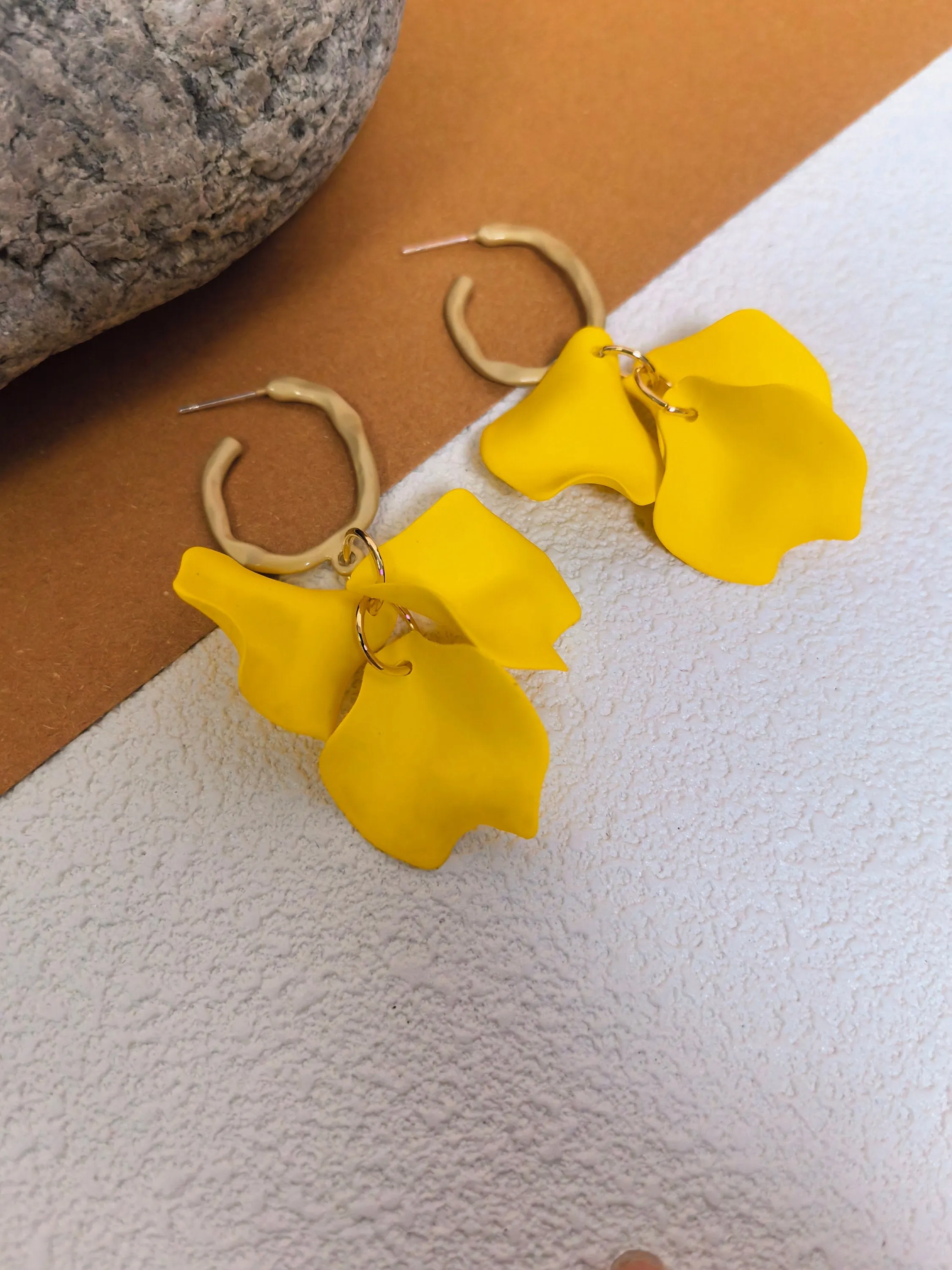 Yellow Floral Petal Huggie Hoop Drop Statement Earrings