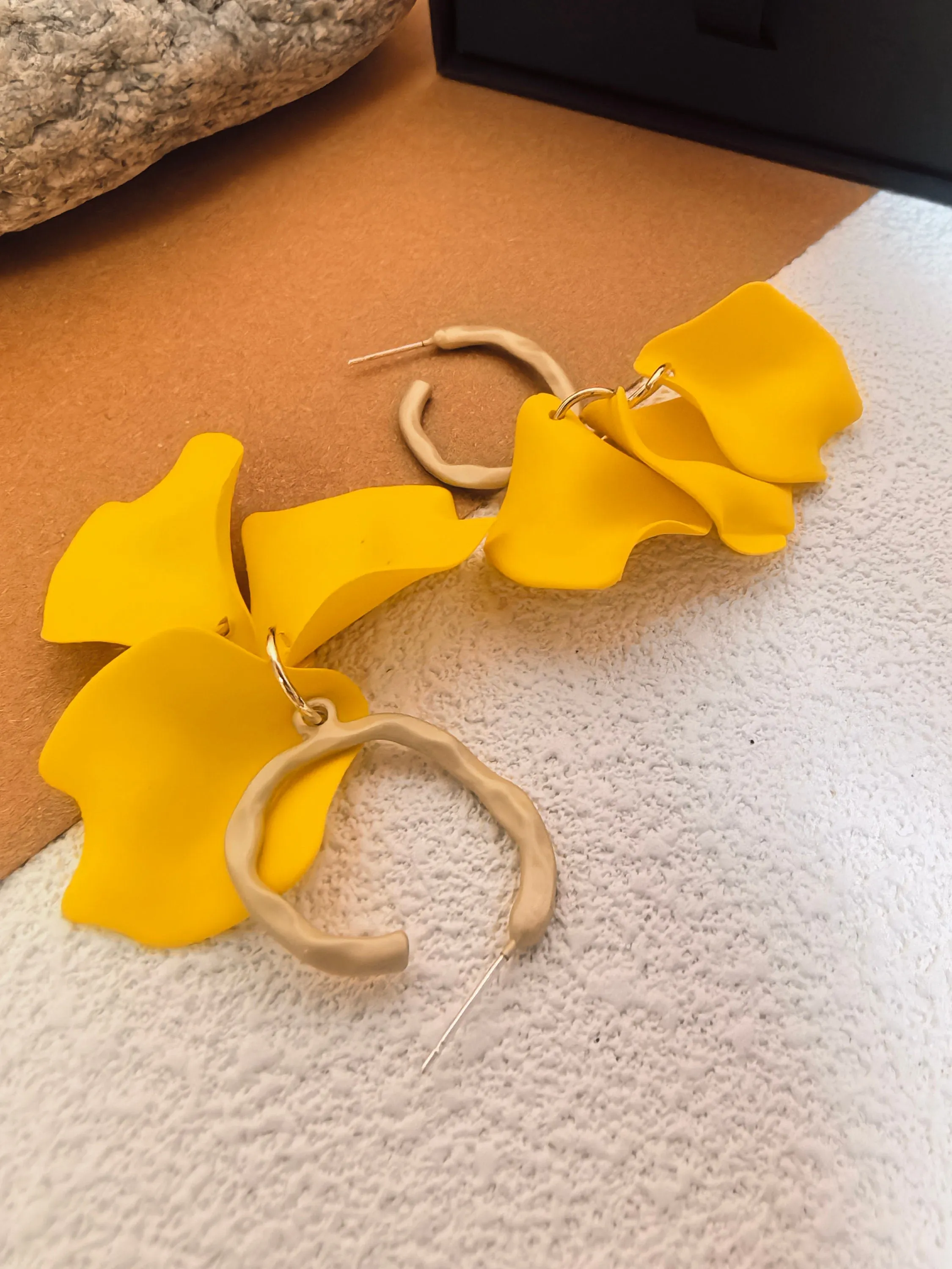 Yellow Floral Petal Huggie Hoop Drop Statement Earrings