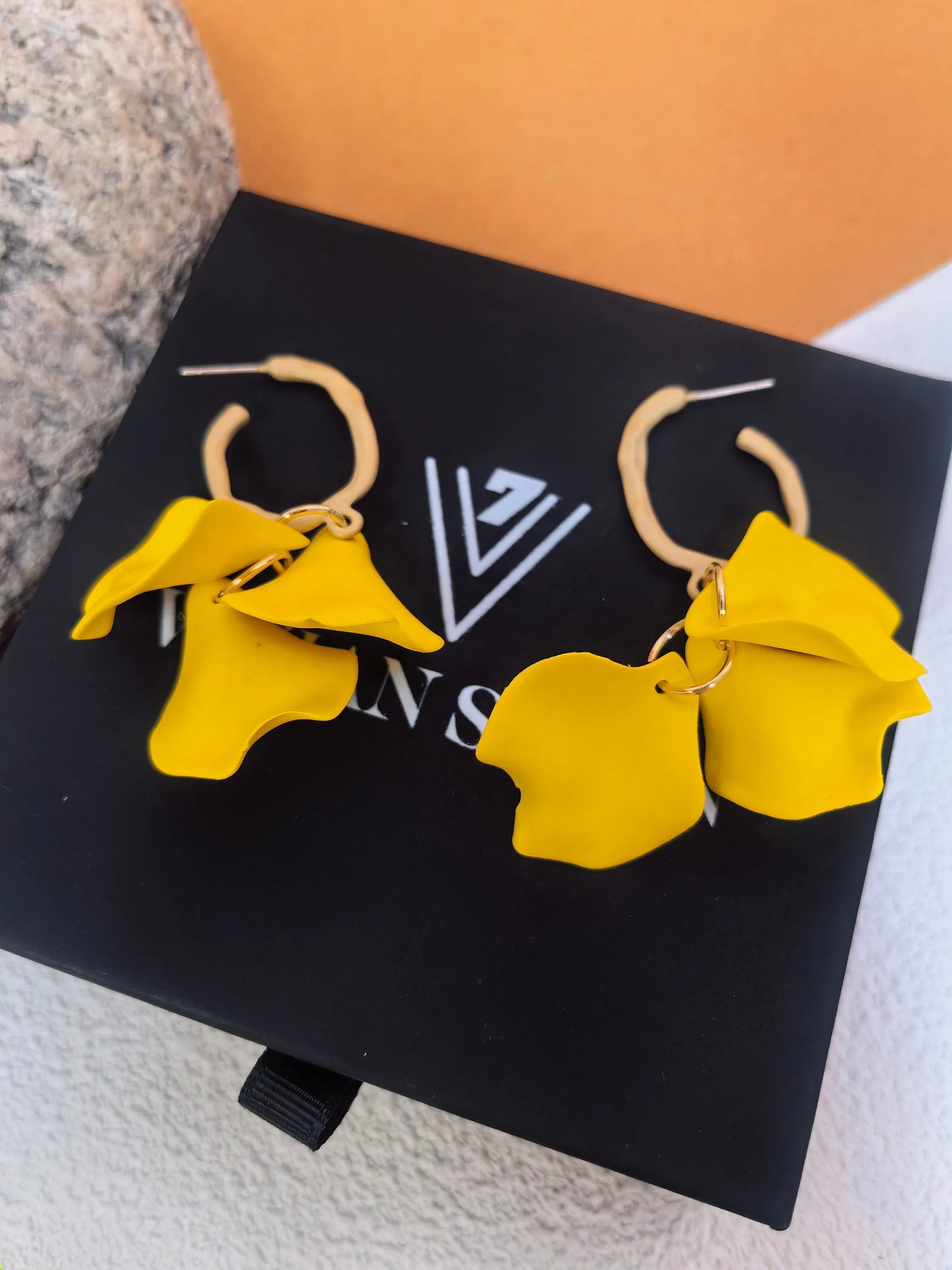 Yellow Floral Petal Huggie Hoop Drop Statement Earrings