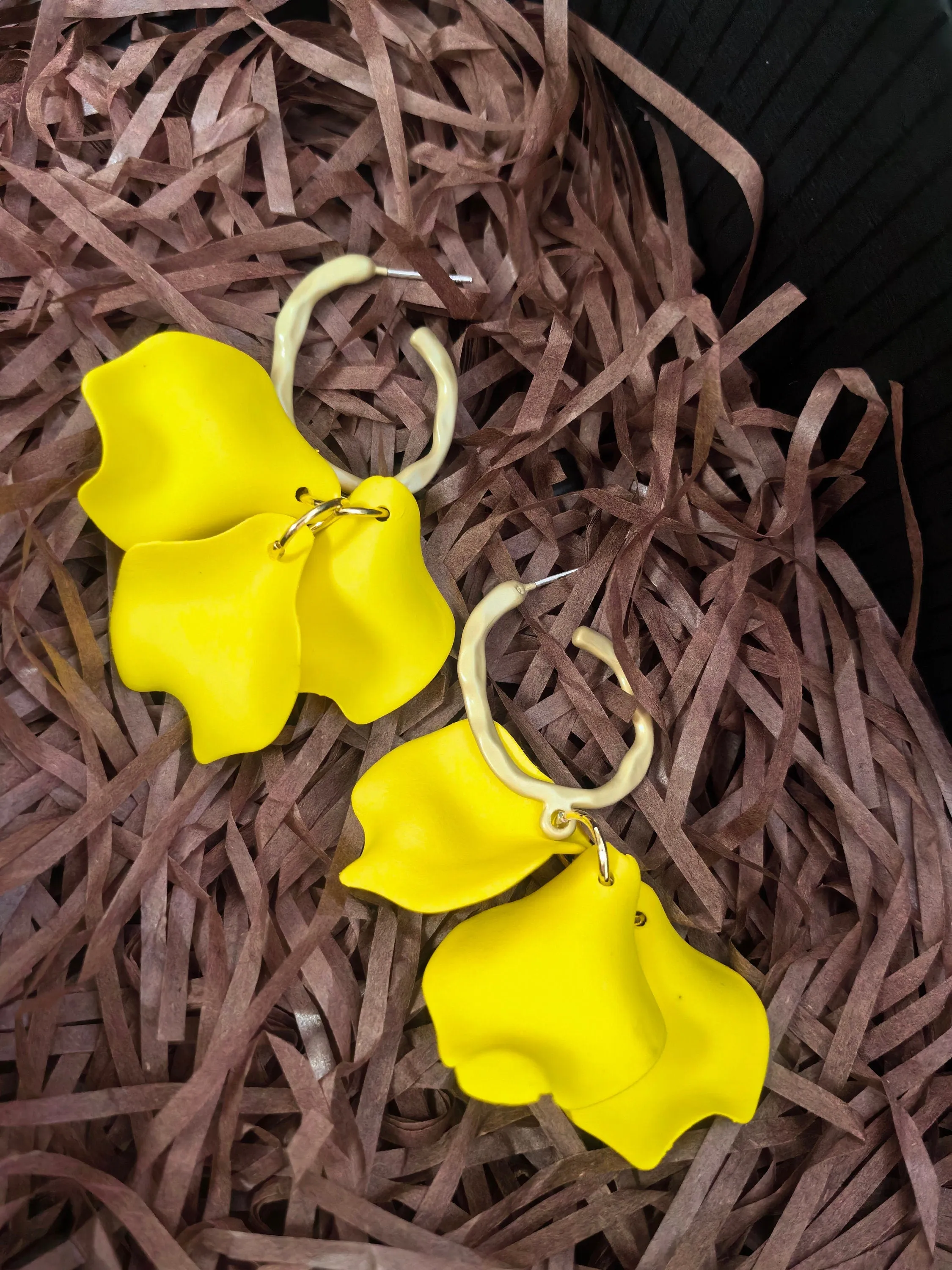 Yellow Floral Petal Huggie Hoop Drop Statement Earrings