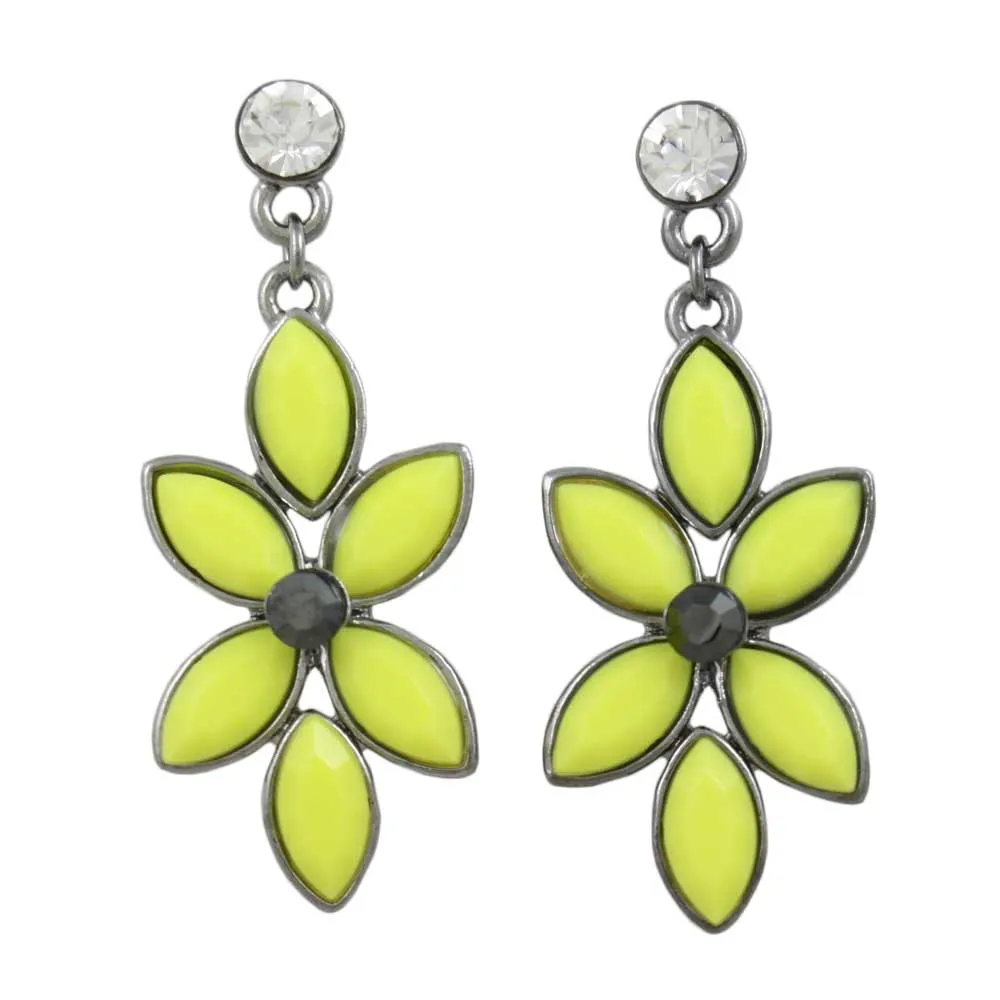 Yellow Flower with Gray Crystal Dangling Pierced Earring - REC413