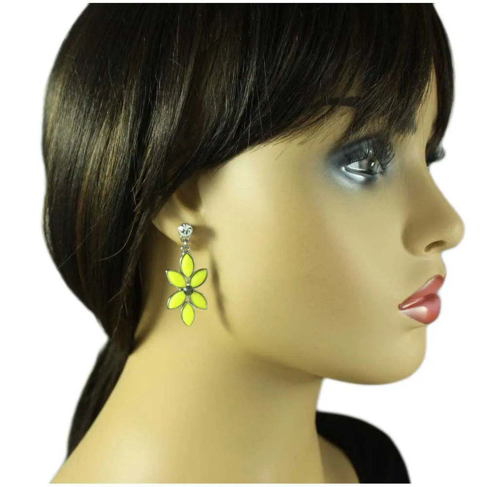 Yellow Flower with Gray Crystal Dangling Pierced Earring - REC413